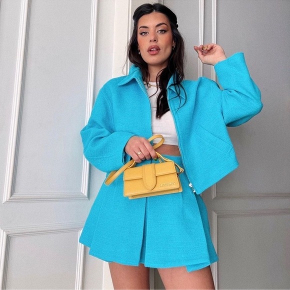 Zara Set - Sky Blue Crop Textured Bomber & Mini Skirt - Picture 7 of 17